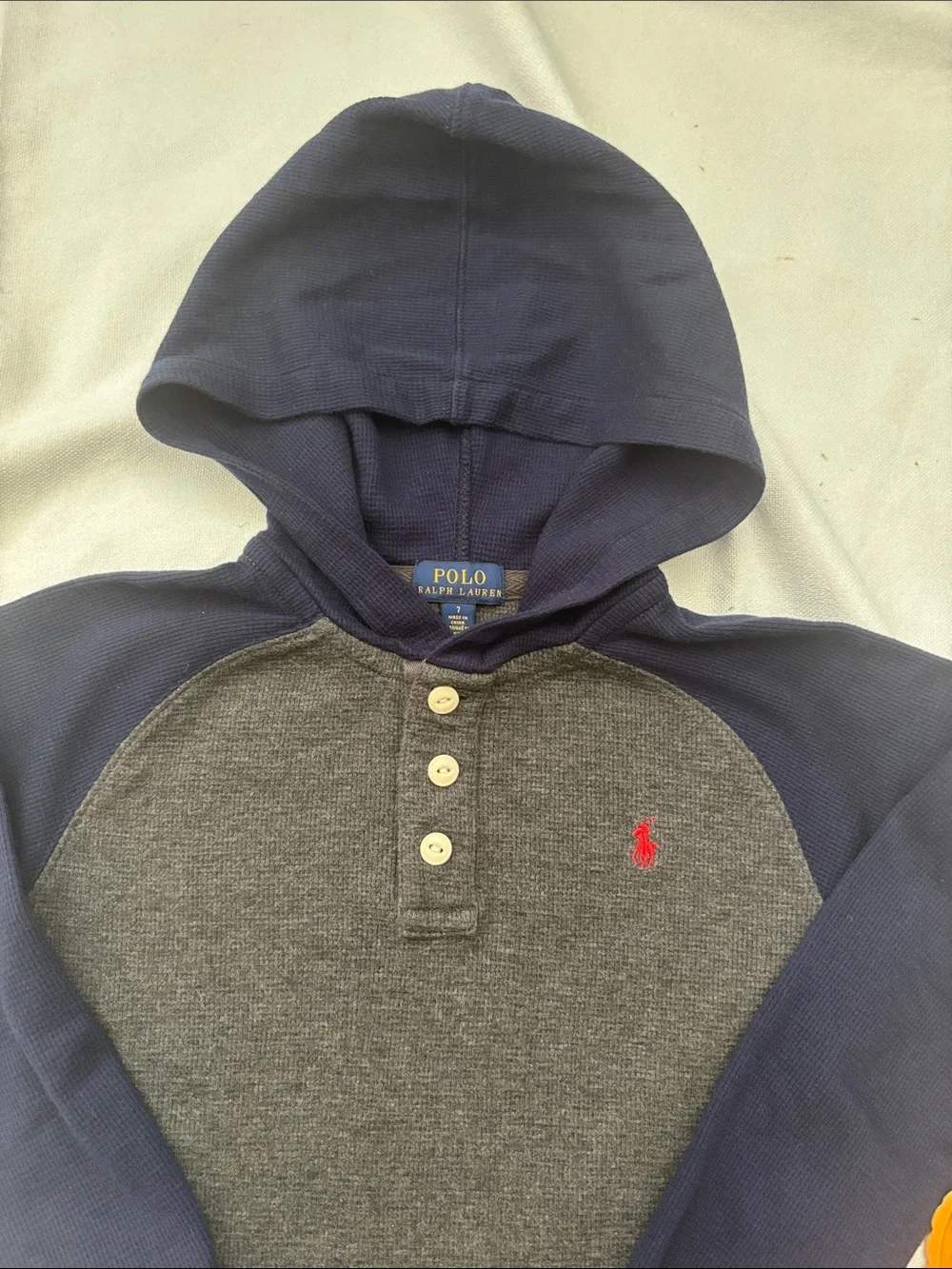 POLO Ralph Lauren Charcoal Body Navy Raglan Henley with Red Logo (Boys Size 7)